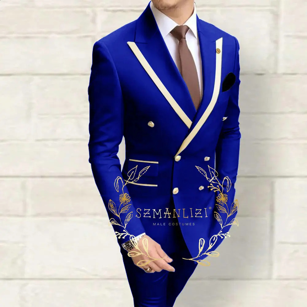 Double Breasted Mens Suits Navy Blue Peaked Lapel Slim Fit Wedding Groomsmen 2 Piece Sets Jacket Pants Costume Homme 251023