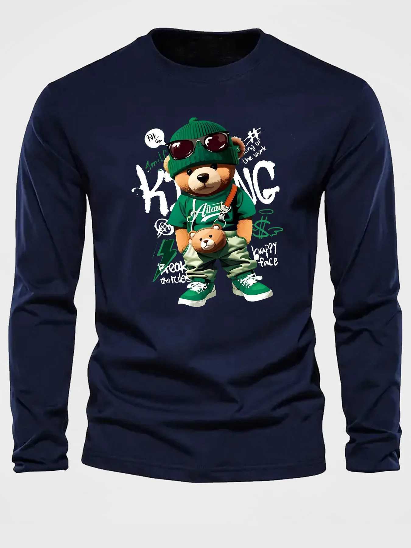 Mens 100 pure cotton loose and comfortable sports casual fashion cartoon bear print round neck long sleeved Tshirt topXJ251023
