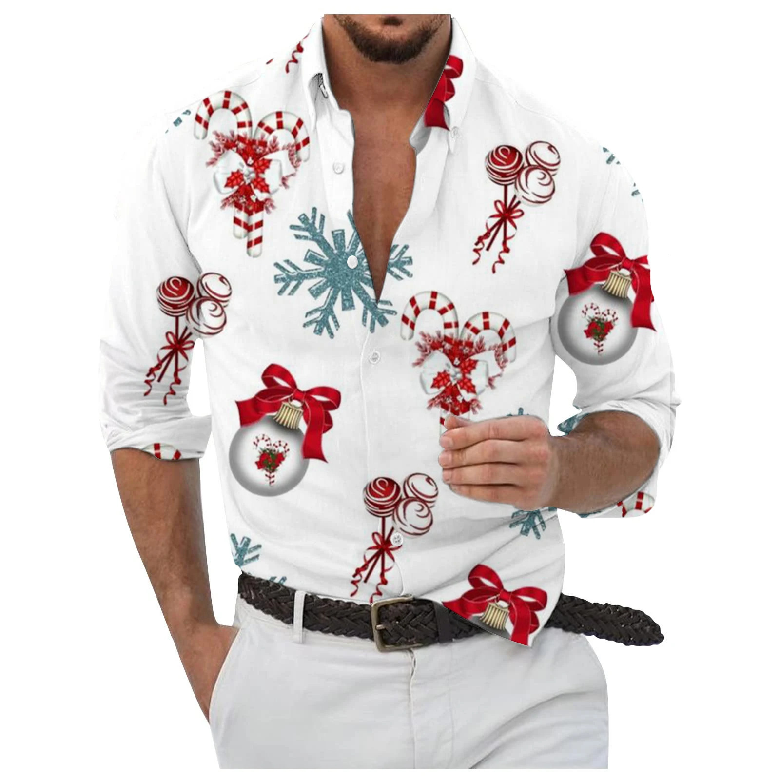 Mens Christmas Elements Casual Shirts 3D Print Jingle Bell Graphic Long Sleeve Shirt Loose Comfortable TurnDown Collar Clothes 251016