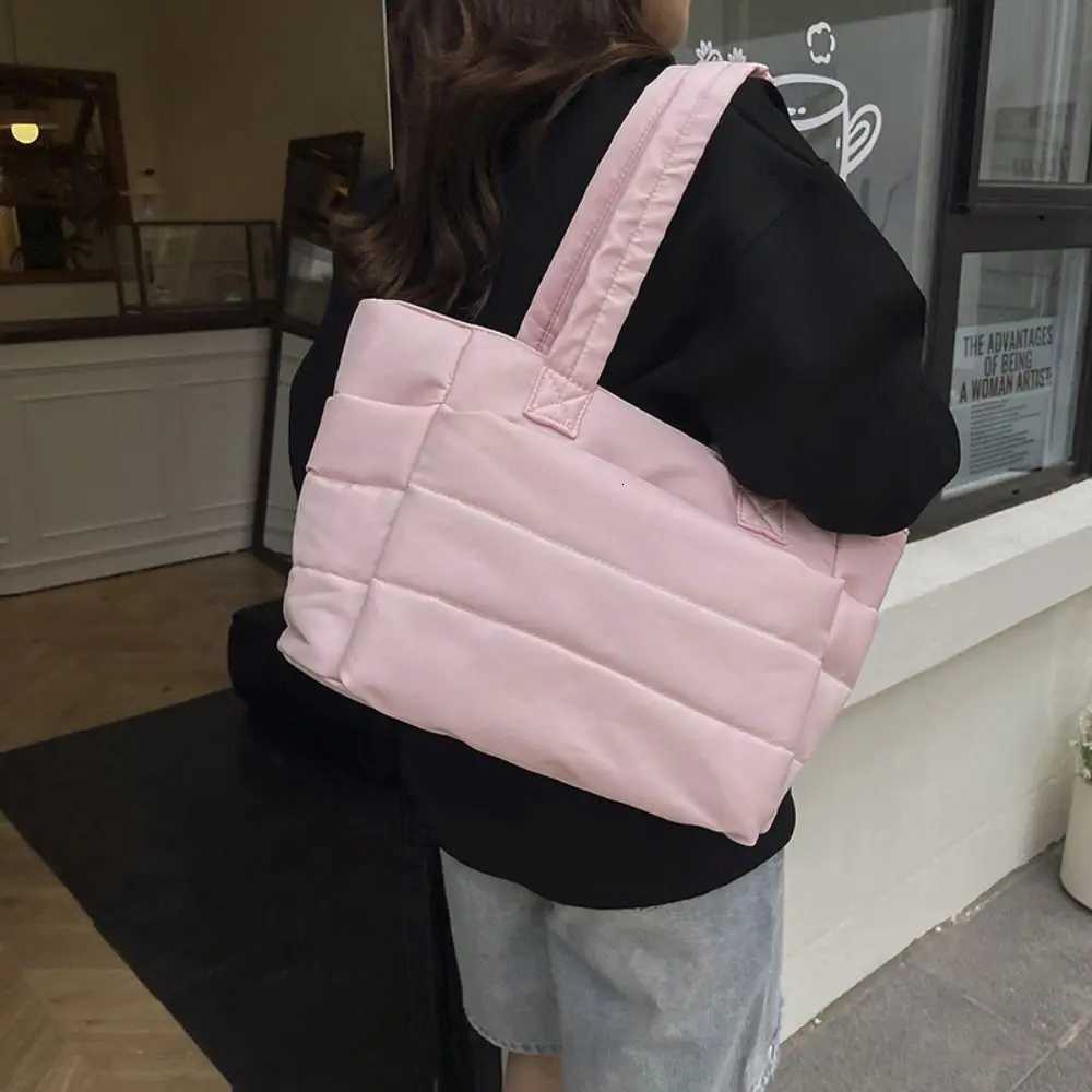 Korean Style Down Cotton Shoulder Bag Solid Color Large Capacity Cottonpadded Tote Bag Lightweight Space Cotton Nylon HandbagL251023