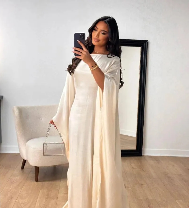 Ethnic Clothing 2025 Ramadan Eid Summer Satin Batwing Abaya Dubai Women Islam Muslim Maxi Kaftan Party Dresses Kebaya Caftan Marocain Robe