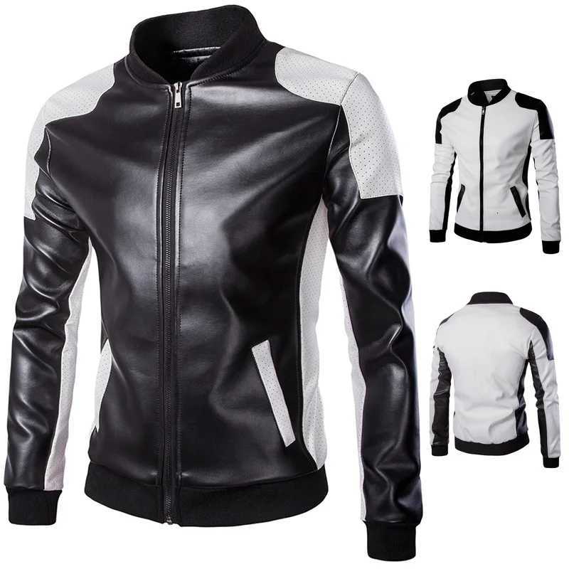 Autumn New Korean Fashion Jacket Mens Standing Collar Leather Coat Trendy Black and White Color Block Large Leather Coat M5XL W251023