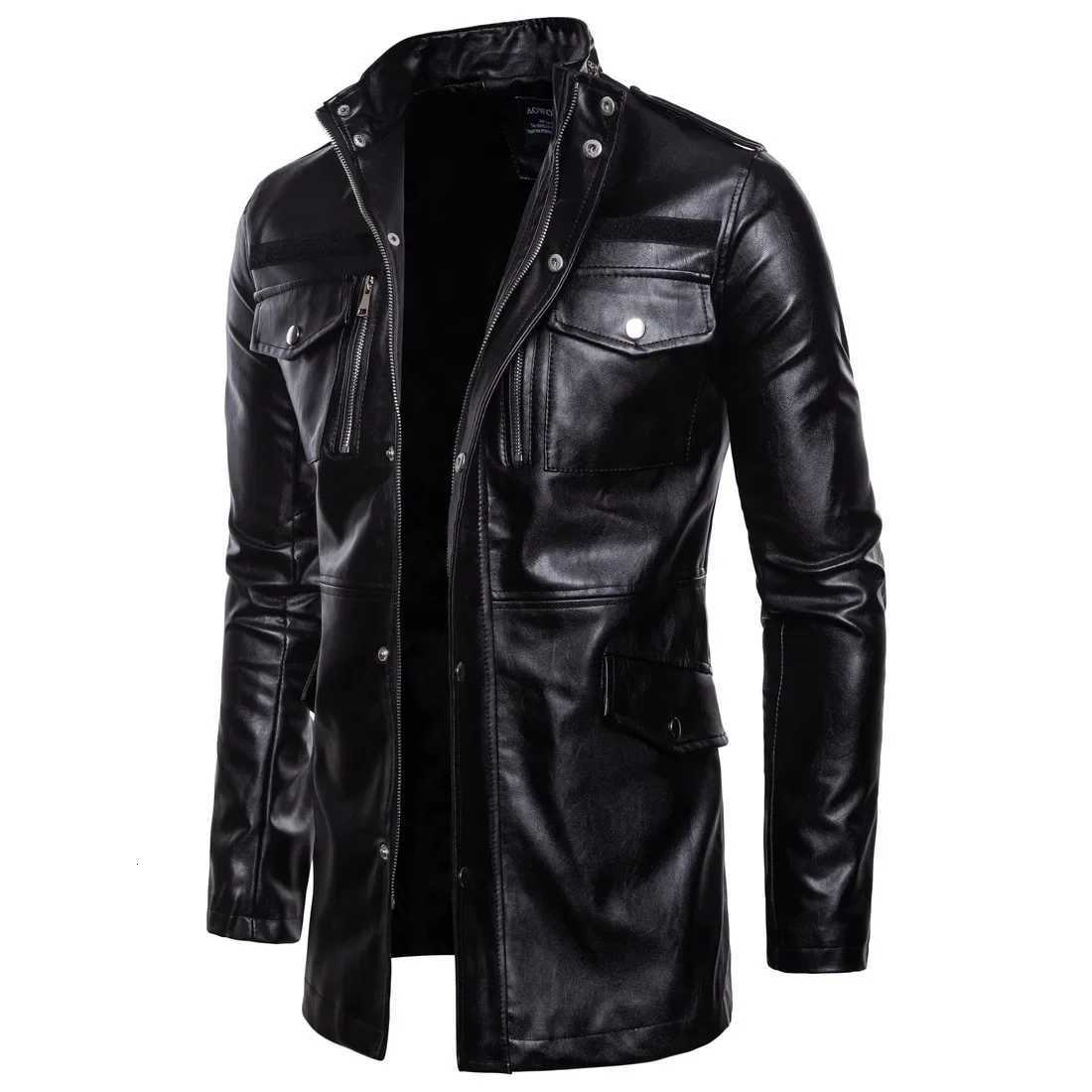 Autumn New Midlength Leather Jacket Standup Collar Fourpocket Biker Leather Jacket for Men W251023