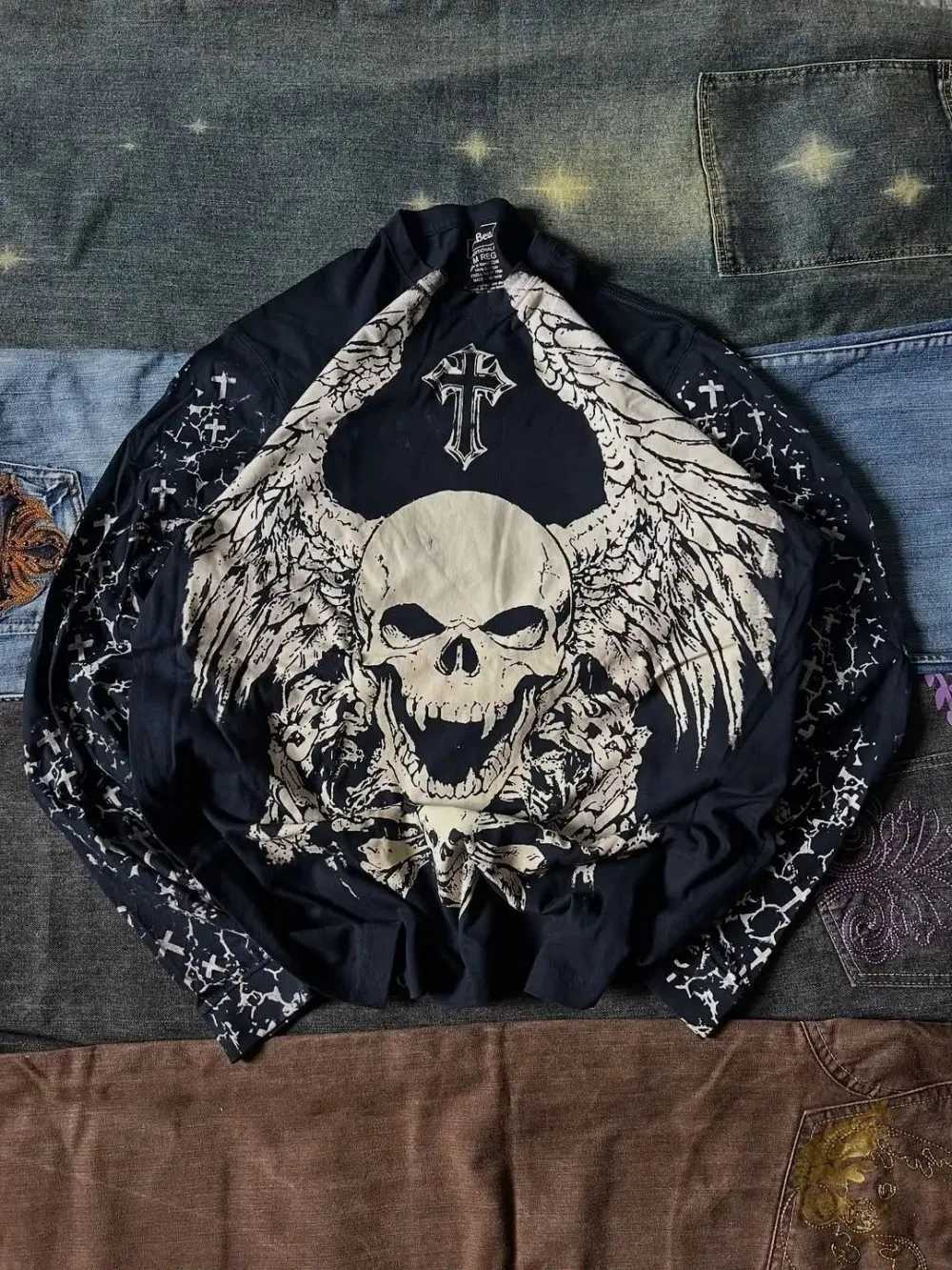 Fashionable mens autumn personalized skull letter print micro elastic comfortable long sleeved Tshirt outdoor street style topXJ251023