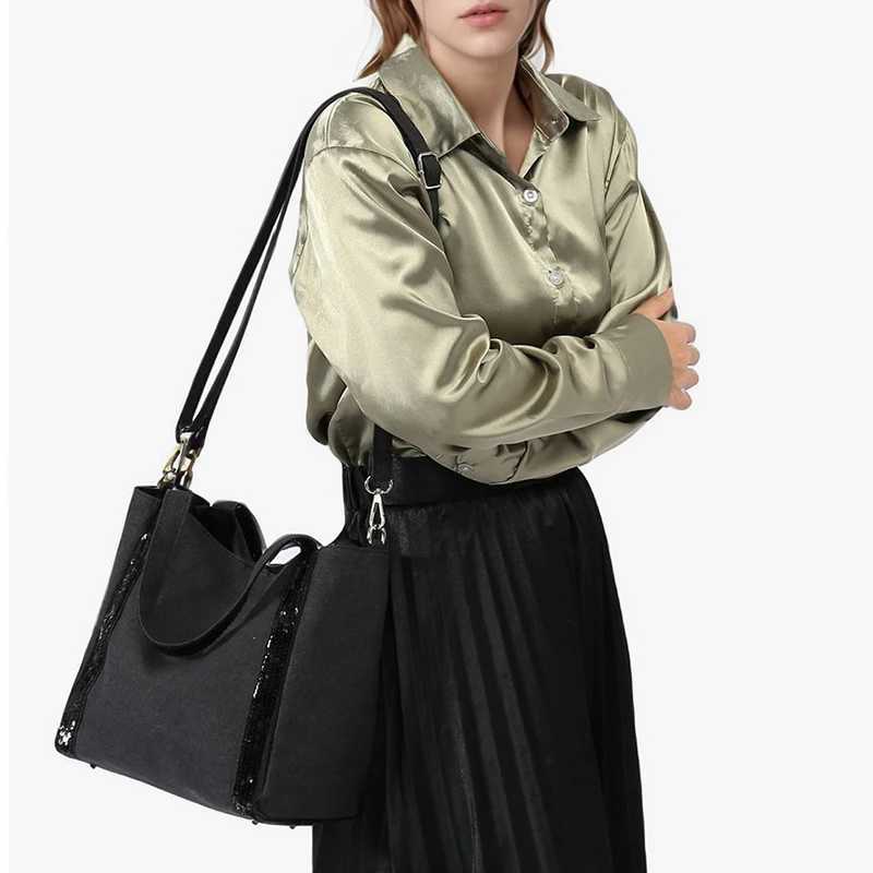 Sequin Canvas Zipped Tote BagLarge Capacity Vintage Contrast Color Women Shoulder BagDesigner Commuter Everyday HandbagBlackL251023