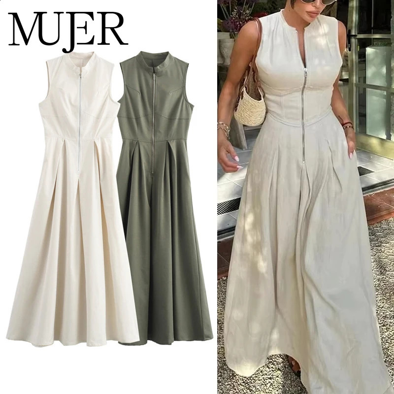 MUJER Zipper Long Dress Woman Pleated Sleeveless Bodycon Summer Elegant Party Dresses For Women 2025 Midi 251016