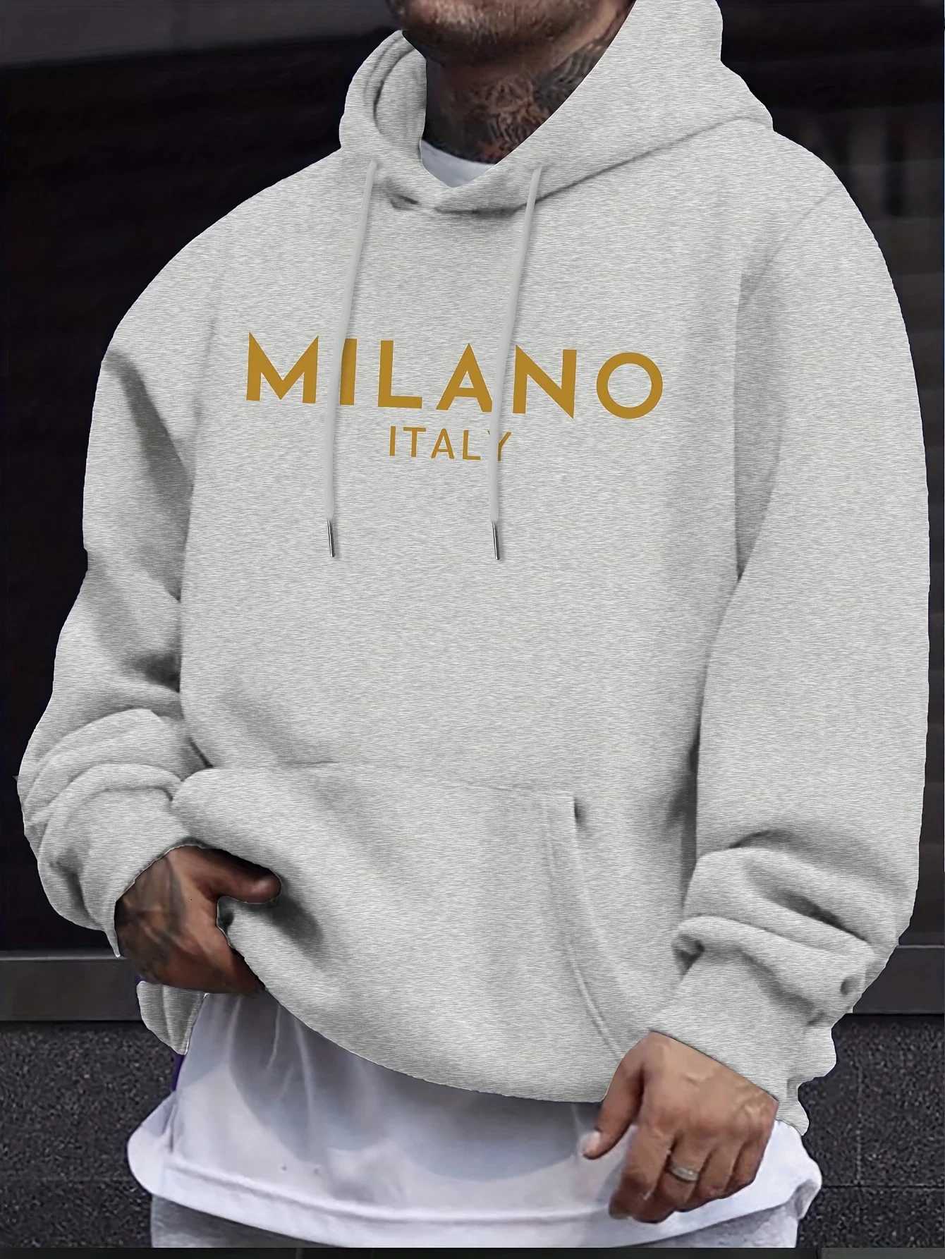 Mens autumn and winter casual fashion loose MILANO ITALY letter print long sleeved hooded sweatshirt warm pulloverT251023
