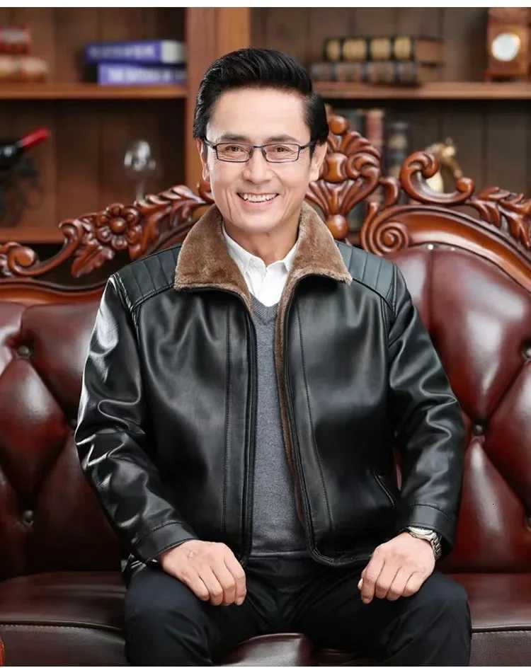 Casual Fleece Lined Leather And Fur Blend Thickened Business Outerwear Jacket for Men Loose Fit Mixed Leather Jacket W251023