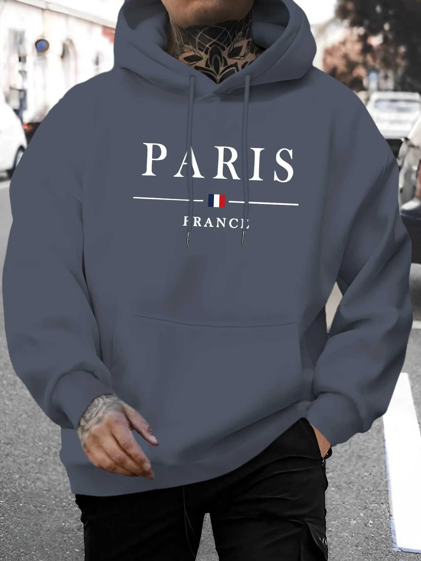 Mens autumn and winter casual fashion loose Paris letter pattern printed long sleeved hooded sweatshirt warm pulloverT251023