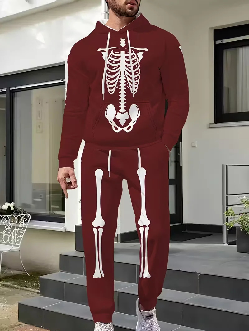 Autumn and Winter Men Hoodie Set Skeleton Printed Pattern Street Sports Quick Drying 251023