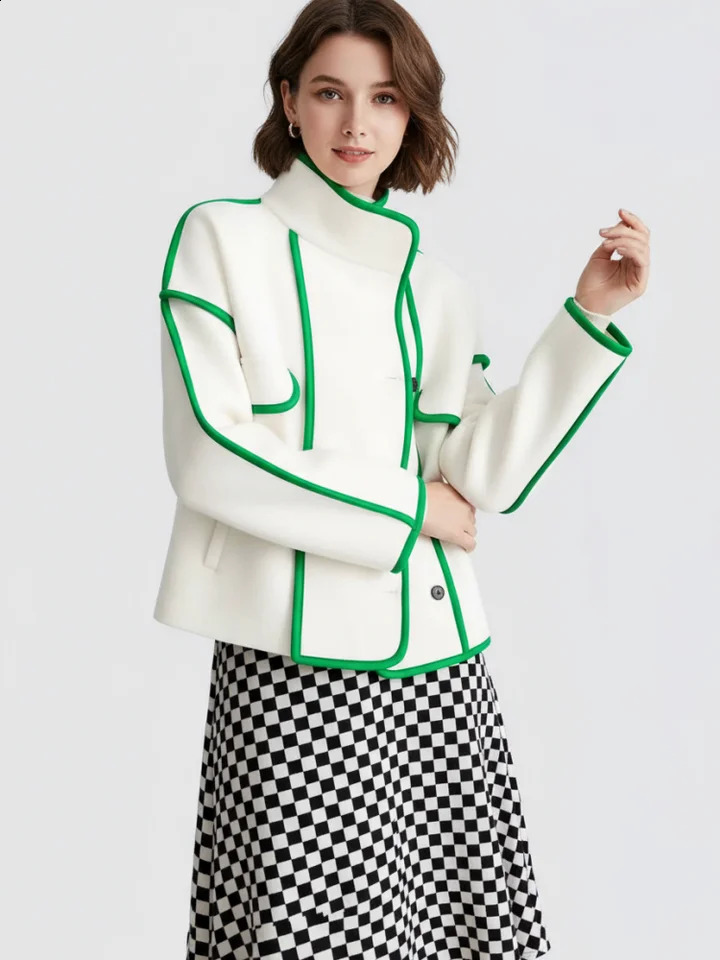 Freeacy Autumn Womens Coat Green Trim High Neck Buttoned Loose Fit Jacket Casual Woolen Outerwears 251013