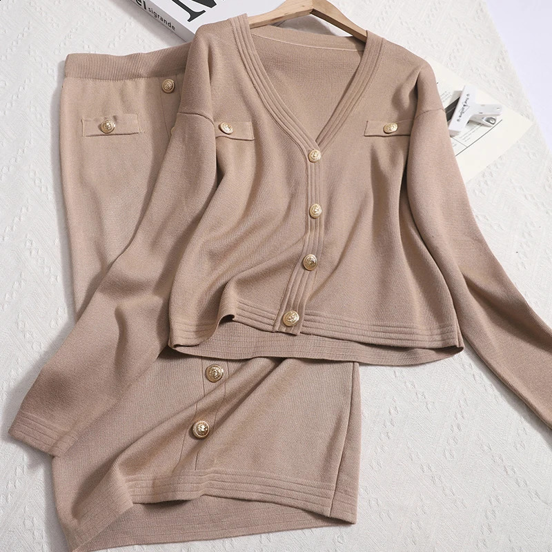 Women Knit Slim Sweater Cardigan Skirts Sets Single Breasted Short Tops Blazer Long Skirt Set 2 Piece Fashion 251022