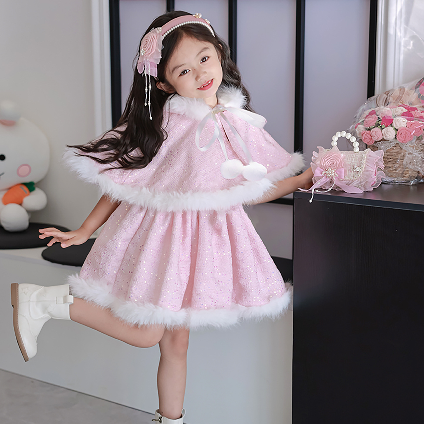 Girl designer princess dress autumn and winter new two-piece set, children's fashion shawl dress, birthday dress, new year's dress