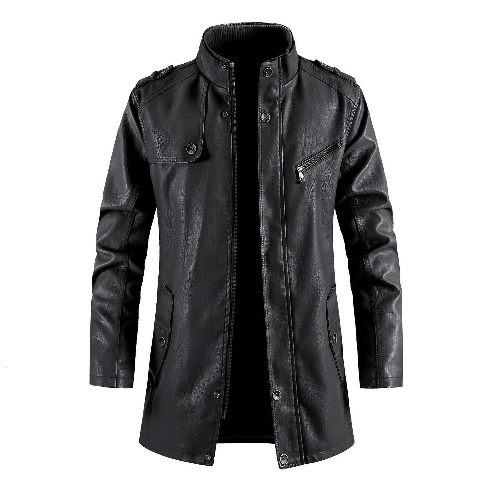 New Winter Long PU Leather Jackets Men Stand Collar Windbreaker Faux Outerwear Motorcycle Casual Warm Leather Coats Man Clothing W251023