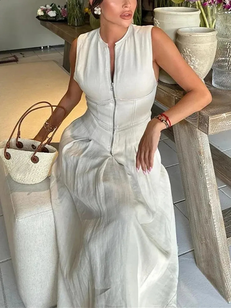 MUJER Zipper Long Dress Woman Pleated Sleeveless Bodycon Summer Elegant Party Dresses For Women 2025 Midi 251016