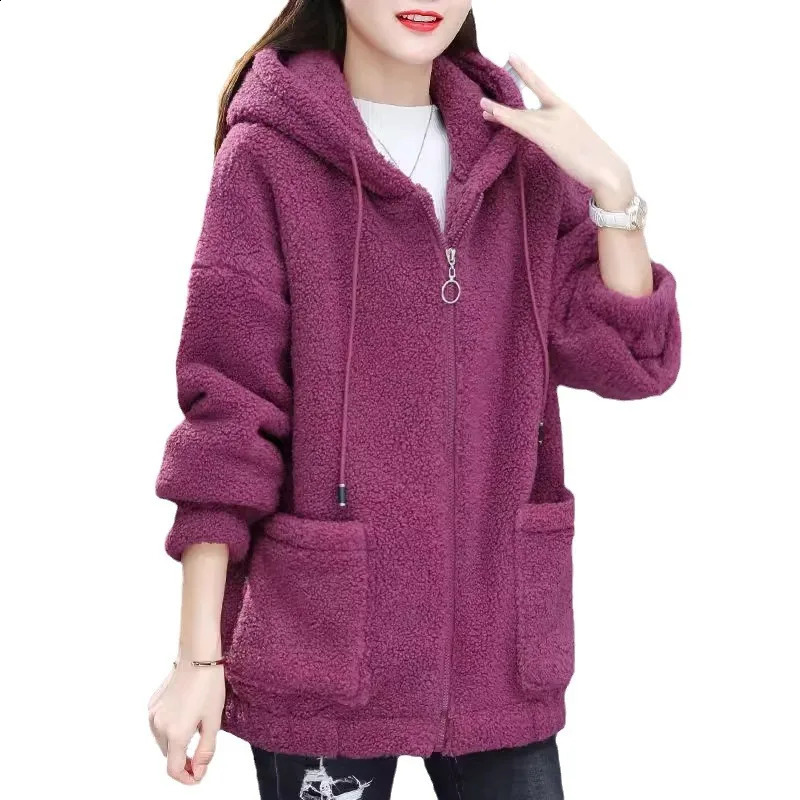 Women Hooded Coat Chic Fleece Thick Solid Color Pockets Long Sleeves Loose Warm Plush Zipper Cardigan Outdoor Autumn Winter 251022