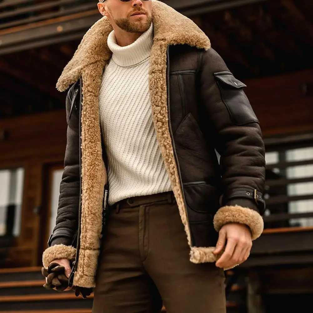 Faux Fur Faux Leather Men Jacket Vintage Lapel Thickened Plush Lining Winter Men Jackets Furry Coldproof Keep Warm Winter Coat W251023