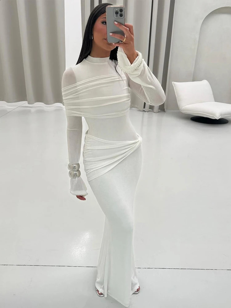Nibber oNeck Maxi Dress Women Mesh Long Sleeves Folds Elegant Temperament Autumn Trend Skinny Solid Banquet Simple Vestidos 251022