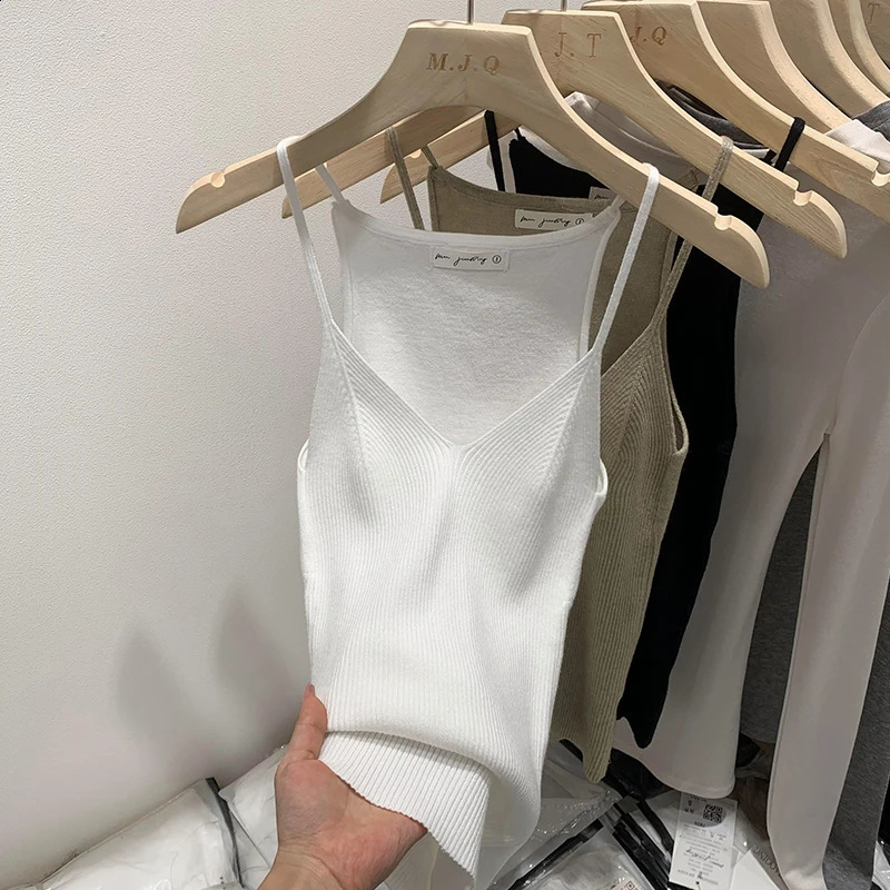 2025 Women Summer Style Sleeveless Vest Solid Color Slim Fit V Neck Knitted Top Fashionable Versatile Base Layer Knit Tank Tops 251023