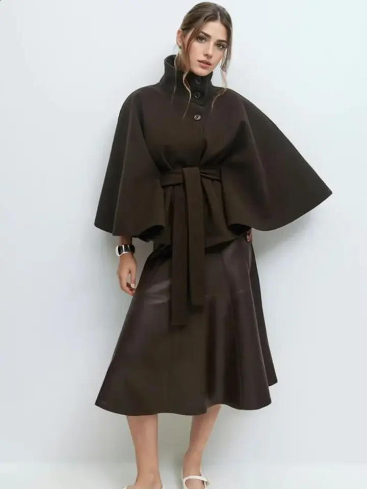 Faux Wool Blend Cloak Jacket Women StandNeck Three Button Wide Sleeves Belt Coats Female Autumn Solid Chic Fashion Outwears 251013