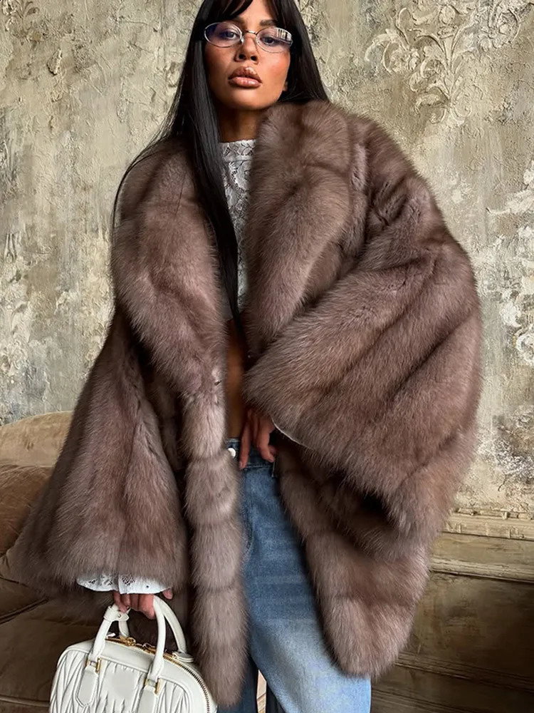 Women Fluffy Faux Fur Coat Fashion Lapel Long Sleeve Loose Pleated Jackets Winter Female Chic High Street Outerwear 251021