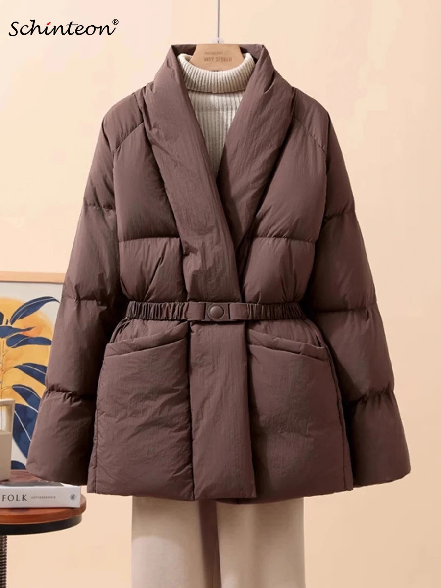 Schinteon Women White Duck Down Jacket Casual Loose Belt Vneck Collar Fashion Autumn Winter Outwear Korean Style Coat 251022