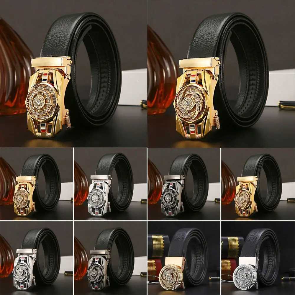 Golden Waist Buckle Rhinestone Decoration Males Luxury Belt Man Automatic Buckle Leather Belt Men Business Time To Run BeltXJ251023