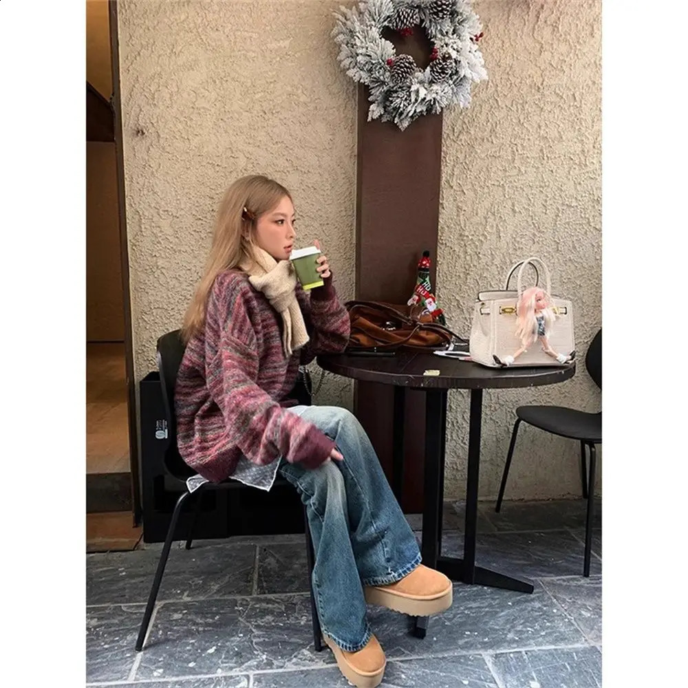 American Retro Striped O Neck Sweater Women Winter Y2k Knitwear Loose Fit Sweater Pullover LongSleeve Oversized Tops Streetwear 251023