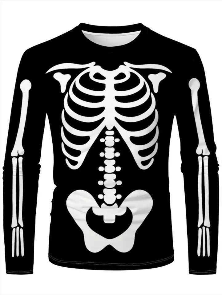 2024 Mens 3D Skeleton Print Tee Ribcage Spine Detail Long Sleeve Round Neck AllSeason HalloweenXJ251023