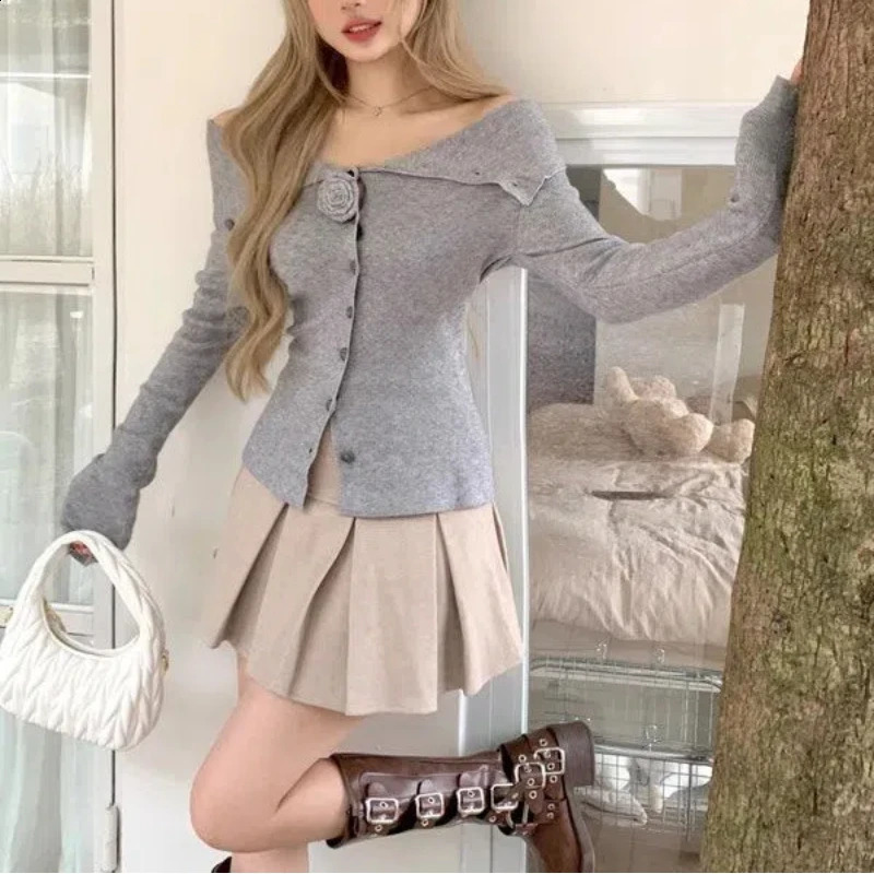Spring Autumn Solid Color Slash Neck Long Sleeve Fashion Sweater Women High Street Button Patchwork Cardigan Off Shoulder Tops 251023