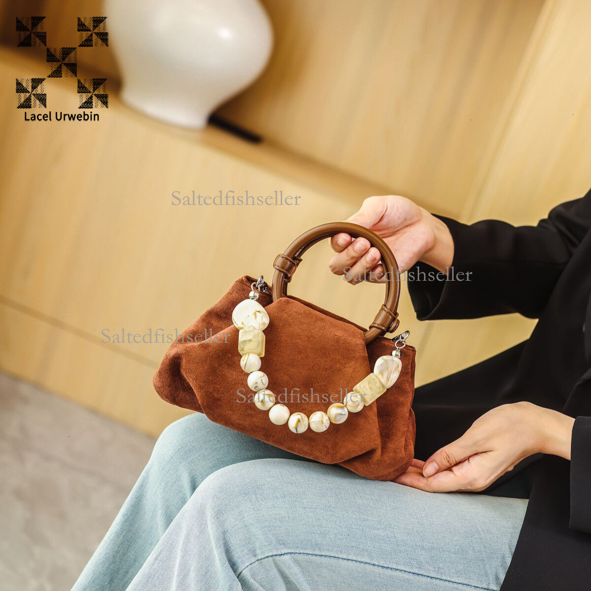Lacel Urwebin Design Women's High-end Pleated Cloud Bag Fashion Luxury New Pearl Chain Handbag Trendy Brand Versatile Frosted Leather Shoulder Cr