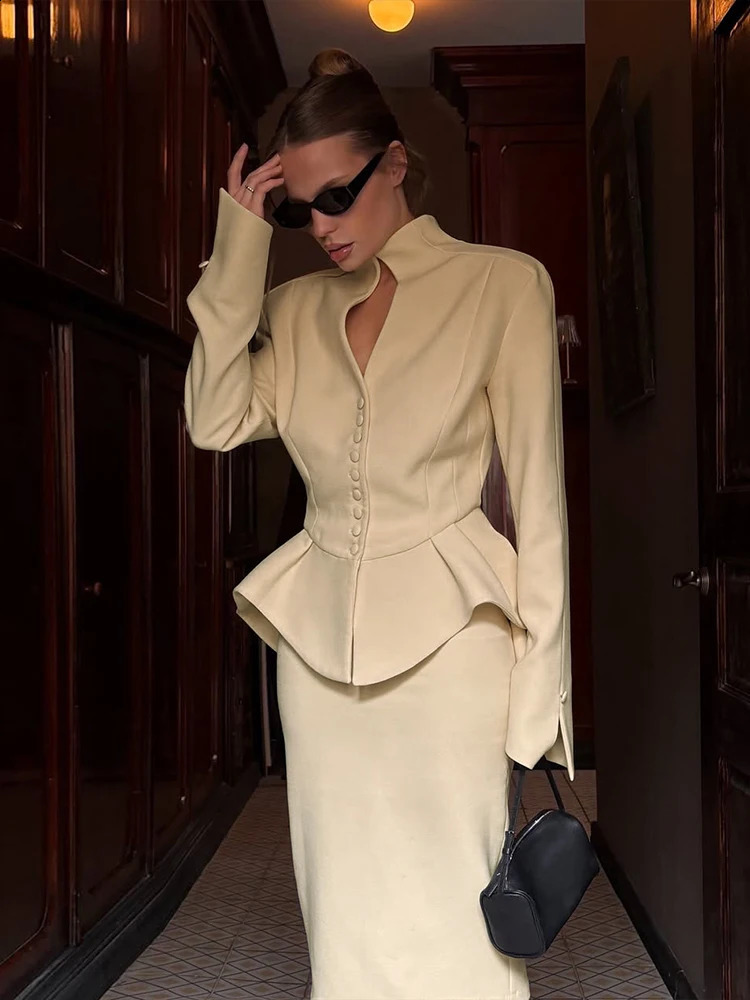 Cute Classic Women 2Piece Set Solid Simple Full Sleeve High Collar Irregular TopsMatching Midi Skirts Female Office Suit 251022