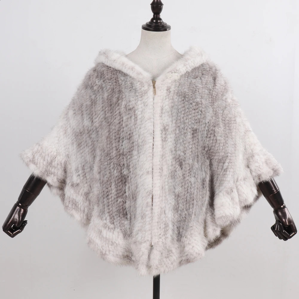 Women Natural Mink Fur Hooded Pashmina Coat 100 Genuine Shawl Lady y Hand Knitted Real Poncho 251022