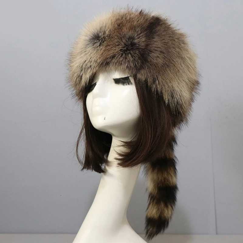 Plush Russian Sty Flat Top Hat Winter Mongolian Hat Thicken Plush Raccoon Tail Hat for Adt Teens Keep Warm Hat WhosaW251023