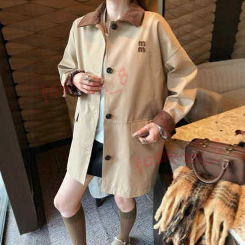 Designer Women's Trench Coats Corduroy Color-Block Collar Trench Coat with 3D Embroidered Letters Youthful Coat Top