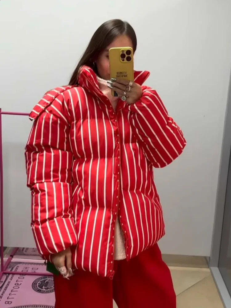 Striped Womens Winter Quilted Jacket Hooded Thicken Single Breasted Long Sleeve Casual Female Coat Chic Loose Outwear 251021