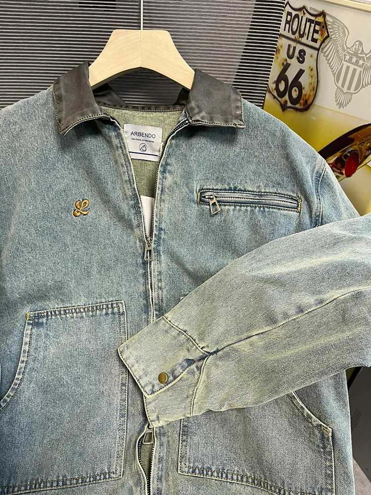 Americana PU Collar Denim Jacket Vintage Washed Embroidered Badge Multi Zip Oversized Spring Fall Cargo Casual Coat 251017