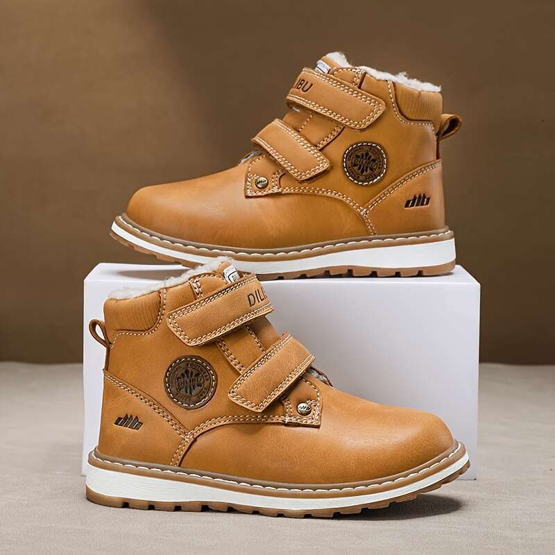 Boys' High-Top Snow With Fleece Warm Mid-Calf Hiking Shoes, EVA Sole & Hook-And-Loop Closure, Brown - Perfect For Outdoor Adventures, Winter Boot