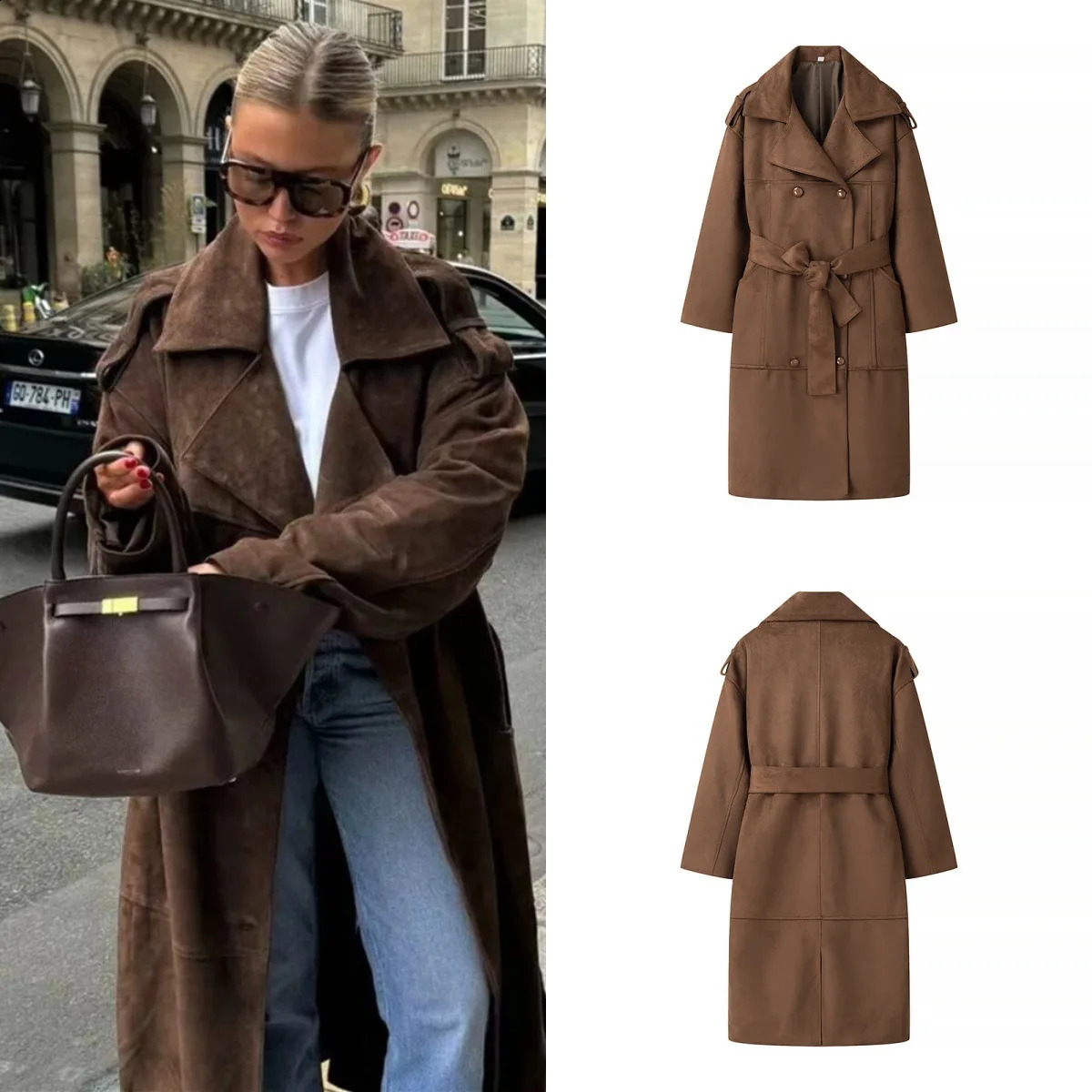 Women Suede Trench Coat Winter Chic Coats Solid TurnDown Collar Long Sleeves Belt Double Breasted Fashion Jackets 251013