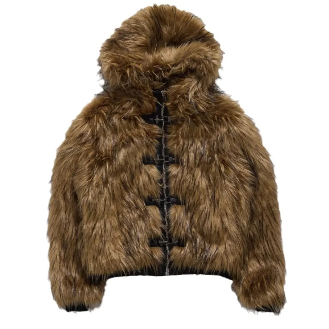 Winter Street Style Khaki Leatherette Short Coat with Hood Iron Buckle Millennium Girl Fur Jacket Female Outerwear 251022