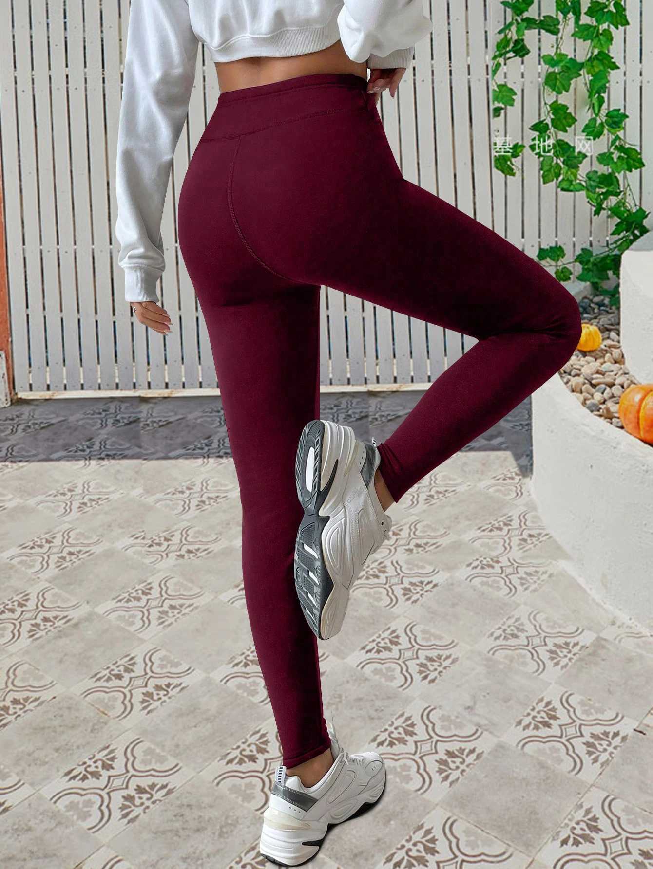 Wine red casual tight leggings padded leggings with velvet elastic waistband without pockets autumn and winter womens wearT251023