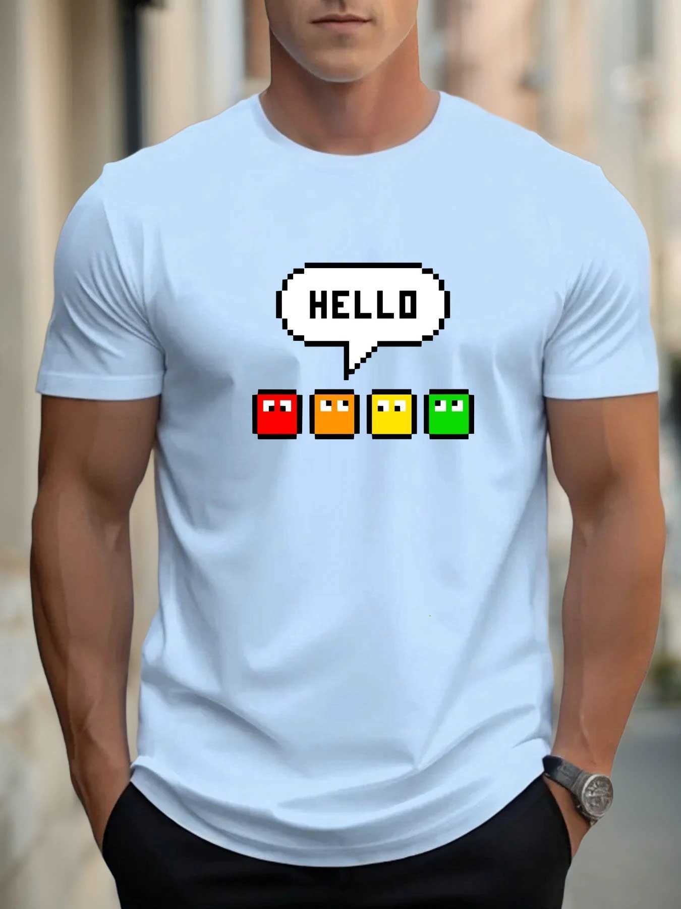 Mens TShirt Pixel HELLO Graphic 2025 100 Cotton Summer Retro Gaming Nostalgic 8Bit Crew Neck Short Sleeve TopXJ251023