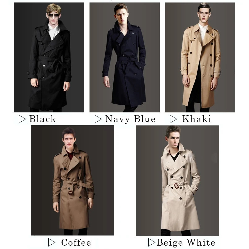 Mens MediumLong Khaki Trench Coat Single Breasted Slim Fit Monochrome 3XL Spring Autumn Wear 251014