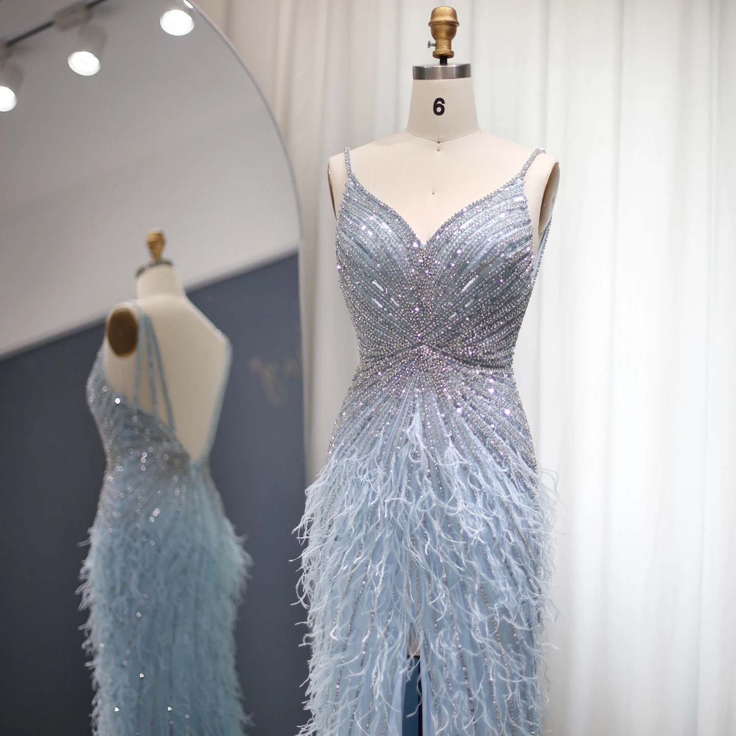 Sharon Said Beaded Blue Feather Prom Dress Sexy Spaghetti Straps Backless Rose Pink Evening Dress Arabic SS004 Customized 251020