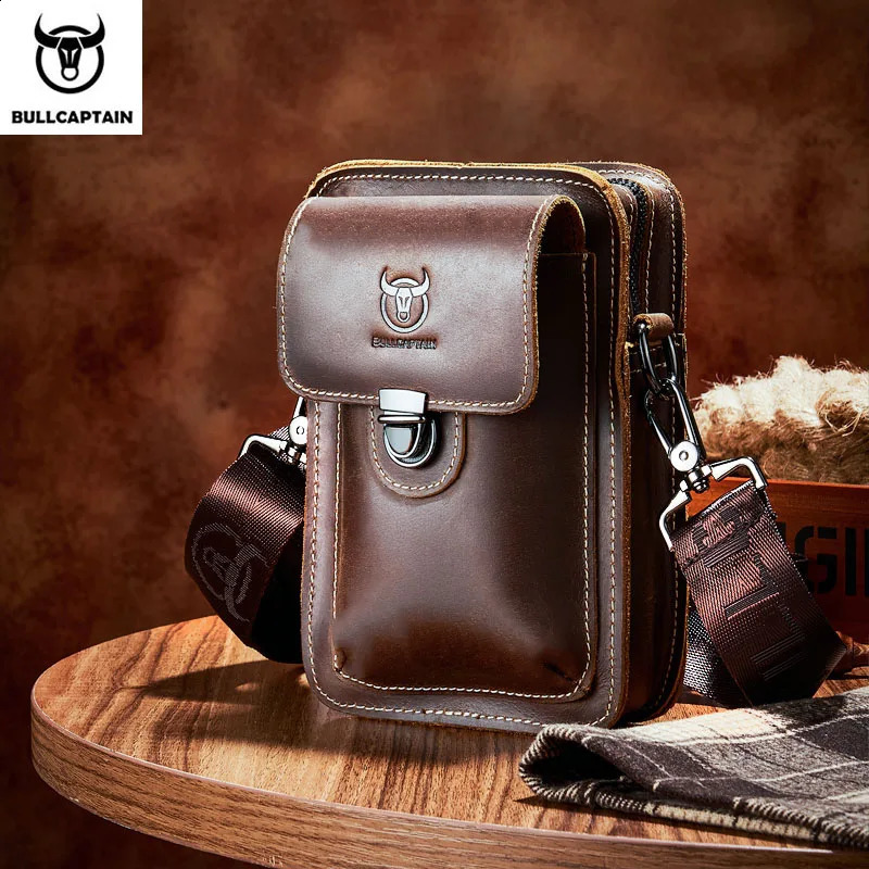 BULLCAPTAIN Crazy Horse Leather Male Waist Pack Phone Pouch Bags Waist Bag Mens Small Chest Shoulder Belt Bag Back Pack YB075251023