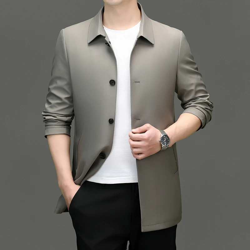 2025 Mens Trench Coat Long Fashion Handsome with Solid Color Highend Fabric Lapel Business Casual Young People Jackets 251014