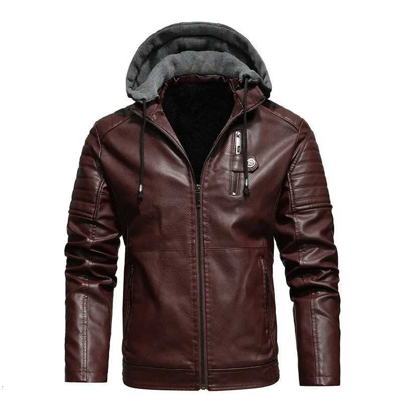 Fall Winter New Mens Leather Jacket Fleece Lined Hooded Leather Coat Youth Male Outerwear Casual Style Fake Leather Jacket W251023