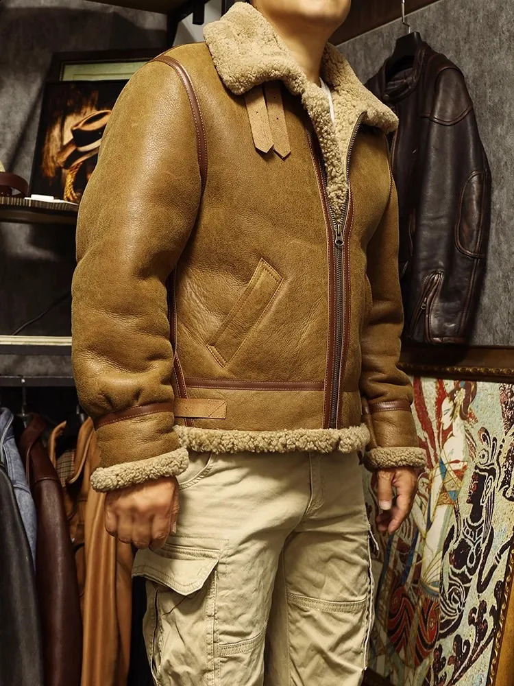 YRWholesales Matte real fur coatBrown Winter warm natural genuine leather jacketVintage B3 tpye sheep shearlingWool 251023