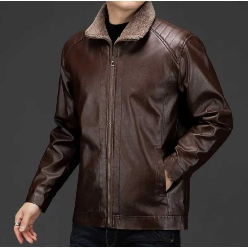 Mens Autumn and Winter Long Sleeved Leather Jacket with Fleece Collar for Warmth and Fashion Leather Jacket Men W251023