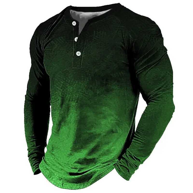 New Gradient 3D Printing Mens Henley Shirts Fashion Vintage Streetwear Oversized Button Long Sleeve T Shirt Tops Man ClothingXJ251023